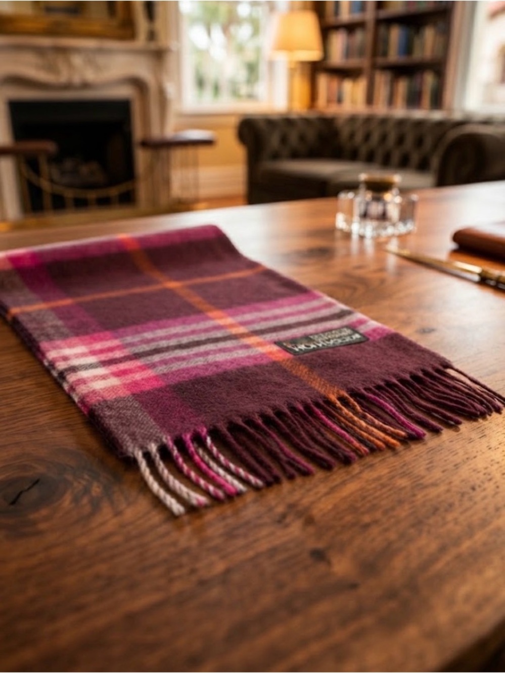 NWOT V. Fraas Cashmink Plaid Scarf Burgundy Magenta Fringe Made in Germany